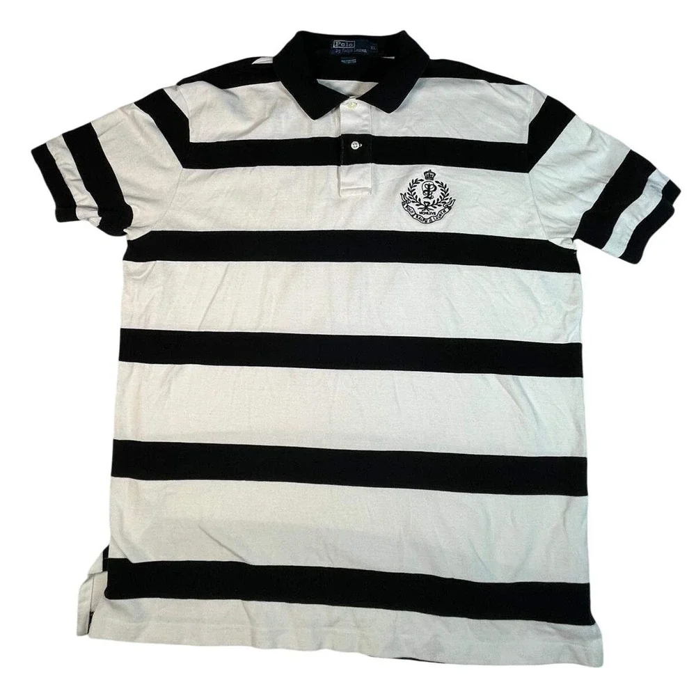 VTG Style Ralph Lauren Polo Shirt‎ Navy/White Stripe XL Embroidered Crest Polo